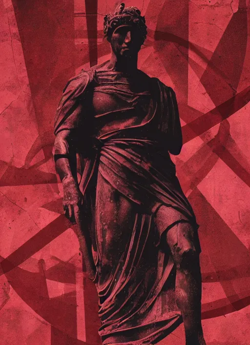 Image similar to design poster showing a statue of julius caesar, black background with very subtle red and purple design elements, powerful, nekro, guido crepax, graphic design, collage art, thin lines, dark, glitch art, neo vaporwave, gritty, layout frame, square, trending on artstation