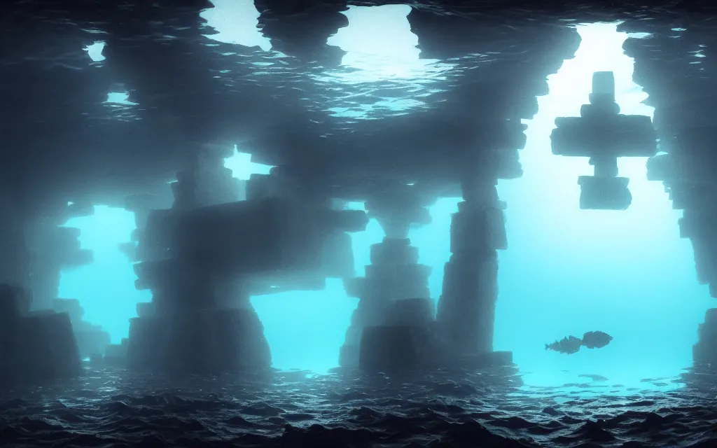 Image similar to wide shot, submerged pre - incan temple, dark, grenada underwater sculpture park, symmetrical, bubbles, abyss, anime style mixed with fujifilm, detailed gouache paintings, stylized, dark, murky, foggy, atmospheric, artstation, cgsociety, octane render, cgi, unreal engine 5, denoise, cinematic masterpiece