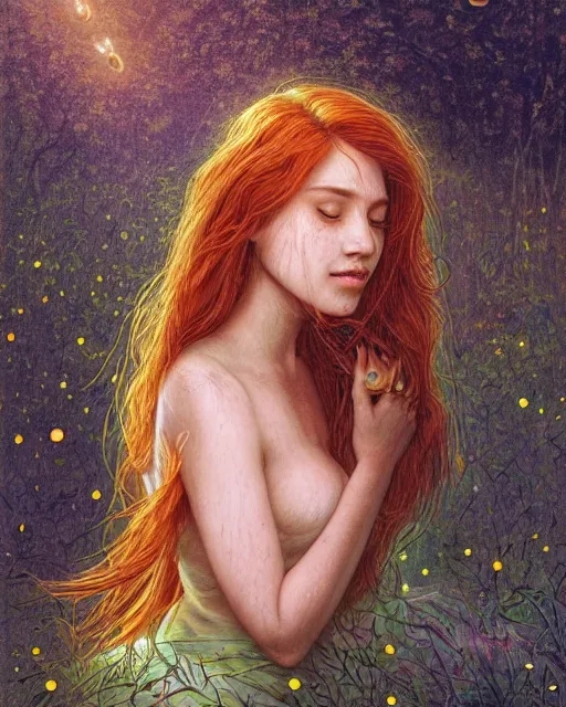 Prompt: a young woman, amazed by the lights of golden fireflies, sitting in the midst of nature fully covered, long loose red hair, intricate linework, open green eyes, small nose with freckles, oval shape face, soft happy smile, realistic, expressive emotions, mystical scene, hyper realistic ultrafine detailed illustration by james jean and albert bierstadt and artgerm