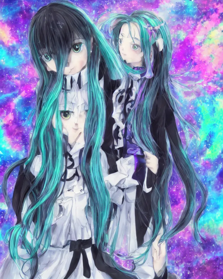 Image similar to 'a painted soul that is imagining becoming a iridescent as a cute and pretty mentally insane girl inquisitively smirks at you' 'pretty and cute teen girl wearing a private school uniform, skirt and knee high black leggings with mental insanity imagines an image of a psychic iridescent state of lucid reality.' ultra detailed realistic anime style at 16K resolution. epically surreally beautiful image. rendering amazing detail. vivid clarity. ultra shadowing. mind-blowing quality. really cool 3D shadowing. masterpiece illustration.