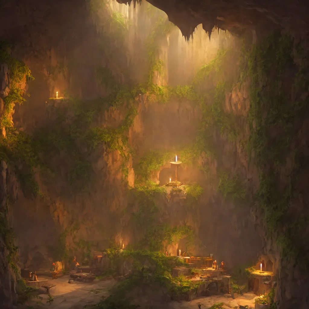 Image similar to secret overwatch common area carved inside a cave, doors to various bedrooms, sheltered, magical, natural light, lush central tree, flowers, candle light, cinematic lighting, clean lines, cozy, fantasy, fantasy architecture, sharp focus, concept art, octane render 4 k, artstation, by greg rutkowski