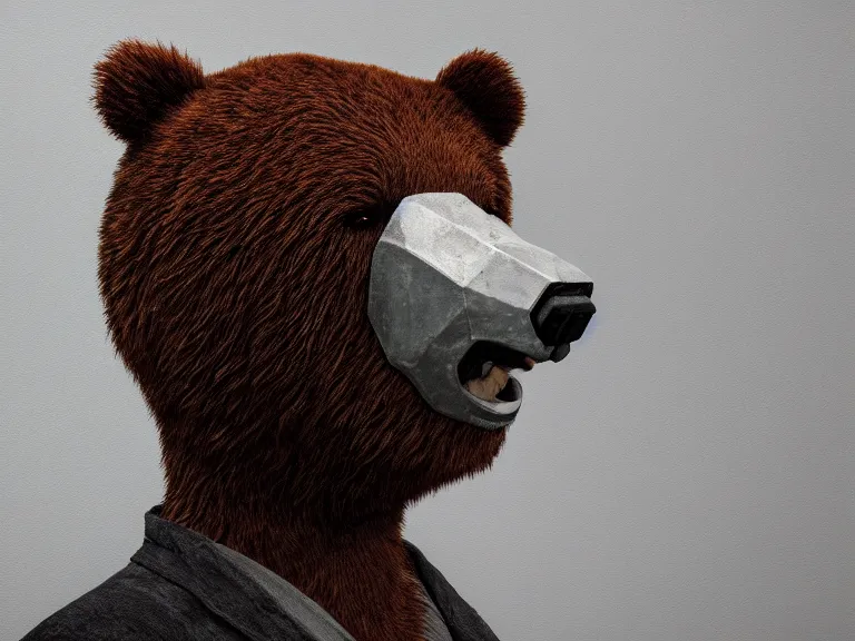 Image similar to Sad man puts on a bear mask, RPG Reference, Oil Painting, Trending on Artstation, octane render, Insanely Detailed, 8k, HD