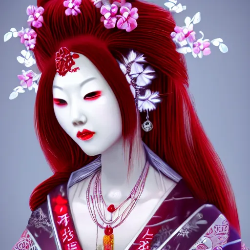 Prompt: albino maiko with a long fancy hair, detailed, jewelry, sakura, photograph, award wining, red and white, trending on artstation, 4 k, neon highlights