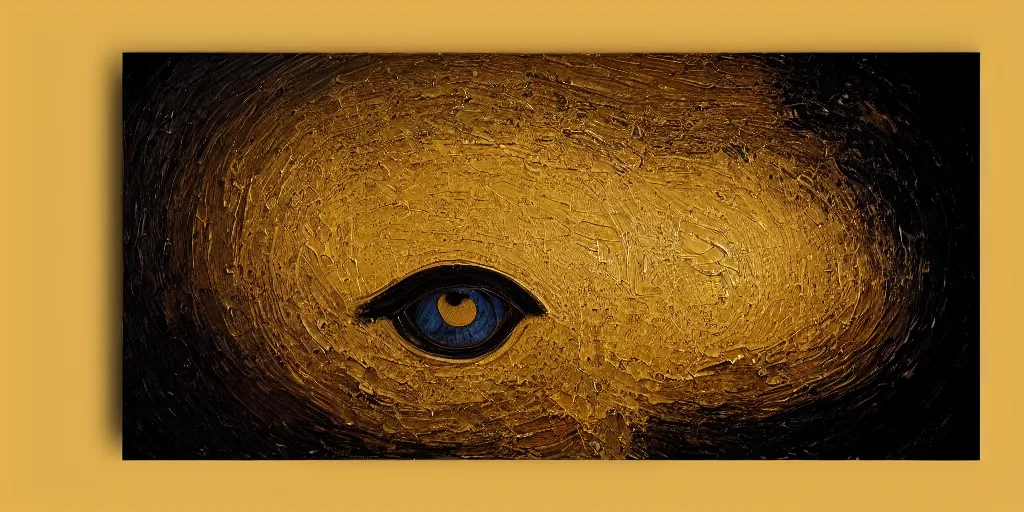 Prompt: a painting of giant buddahs eyes floating in the desert in gold color palette