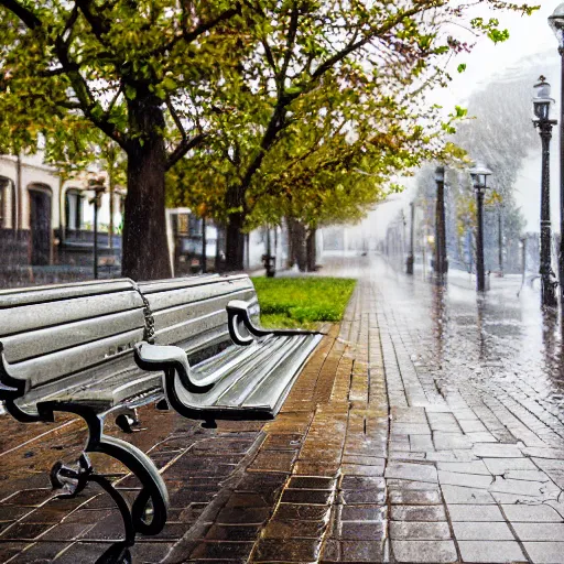 Prompt: beautiful 8 k stylized front - shot picture of an empty bench at the side of the street in the pouring rain, spring, detailed, 4 k resolution, dynamic lighting, beautiful coloring and glossy shadows