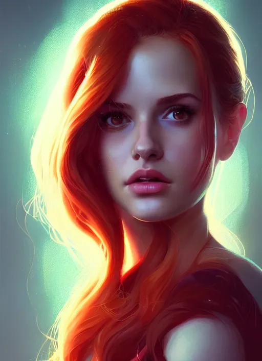 Image similar to portrait of teenage cheryl blossom, bangs and wavy hair, bangs, intricate, elegant, glowing lights, highly detailed, digital painting, artstation, concept art, smooth, sharp focus, illustration, art by wlop, mars ravelo and greg rutkowski