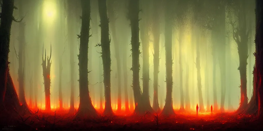 Image similar to strange alien forest, glowing fungus, misty, red glowing horizon, fireflies, ultra high definition, ultra detailed, symmetry, sci - fi, dark fantasy, by greg rutkowski and ross tran