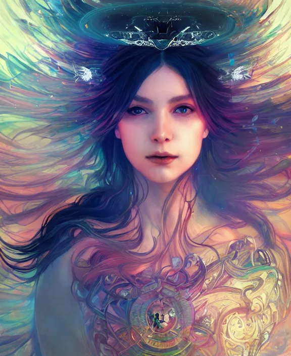 Prompt: a whirlwind of souls rushing inside the metaverse, half body, glowin eyes, tiara with sapphire, insect, d & d, fantasy, intricate, elegant, highly detailed, colorful, vivid color, digital painting, artstation, concept art, art by artgerm and greg rutkowski and alphonse mucha and ruan jia