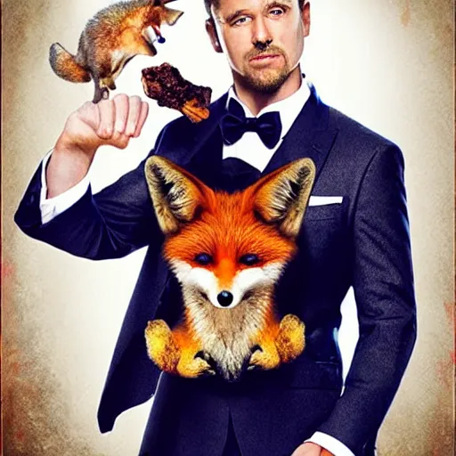 Prompt: hollywood quality poster for an action movie about foxes in tuxedos stealing fried chicken, promotional media