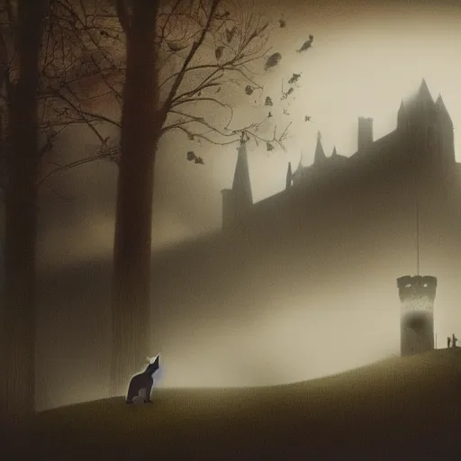 Image similar to a dark vallcy with a huge gloomy castle, fog. a little boy and a black cat