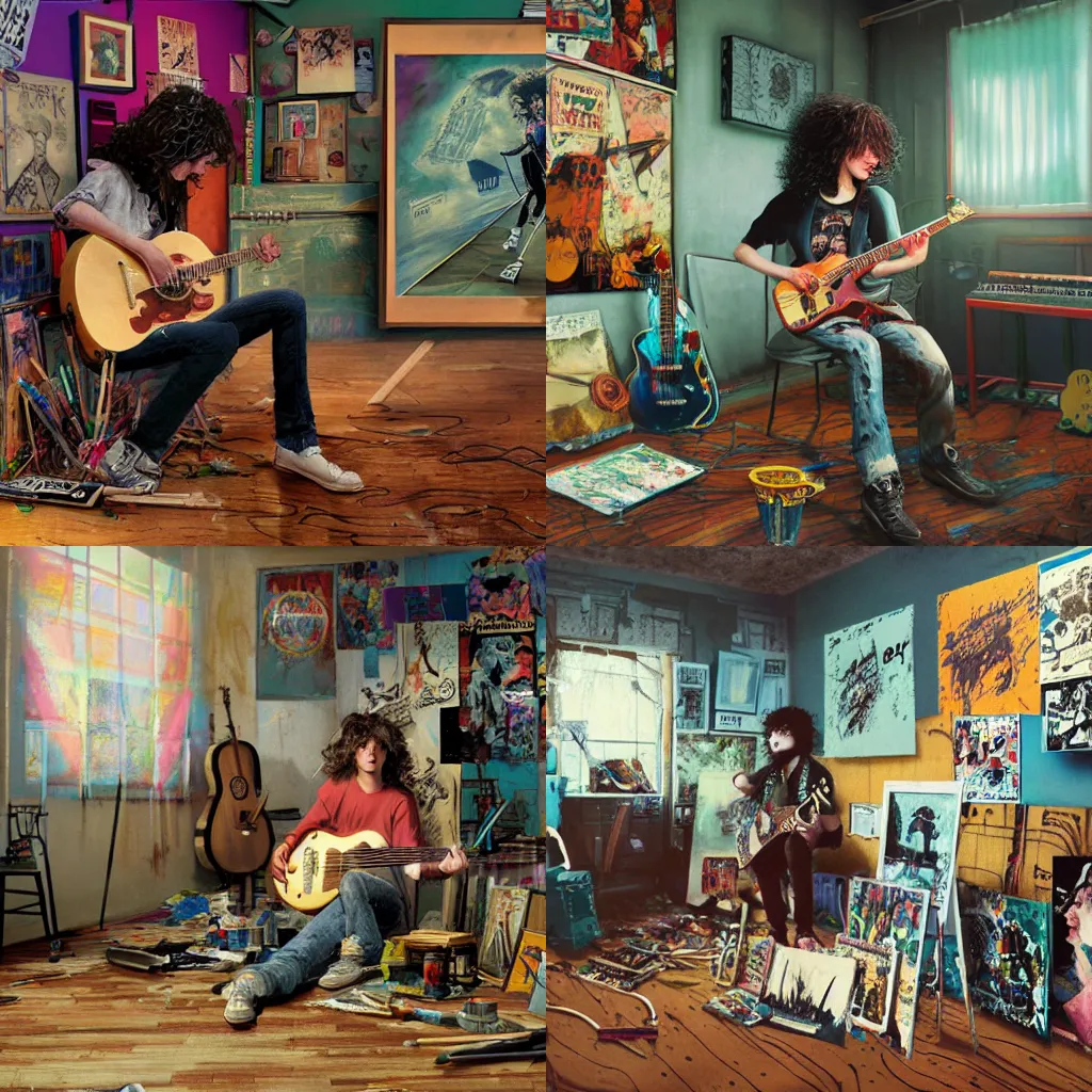 Image similar to a pretty punk rock young man with messy very long curly dark brown hair and a band tee painting in a vintage 80s artist studio interior, old wood floors, musical instruments and band posters, messy maximalist interior, warm, painting by Craig Mullins, octane rendering, soft morning lighting, wide angle lens, low view, in the style of Hayao Miyazaki, trending on artstation,