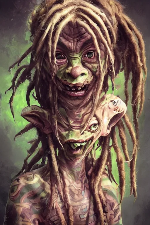 Prompt: rastifarian goblin with dreadlocks, highly detailed, portrait, character art by Fiona Staples,