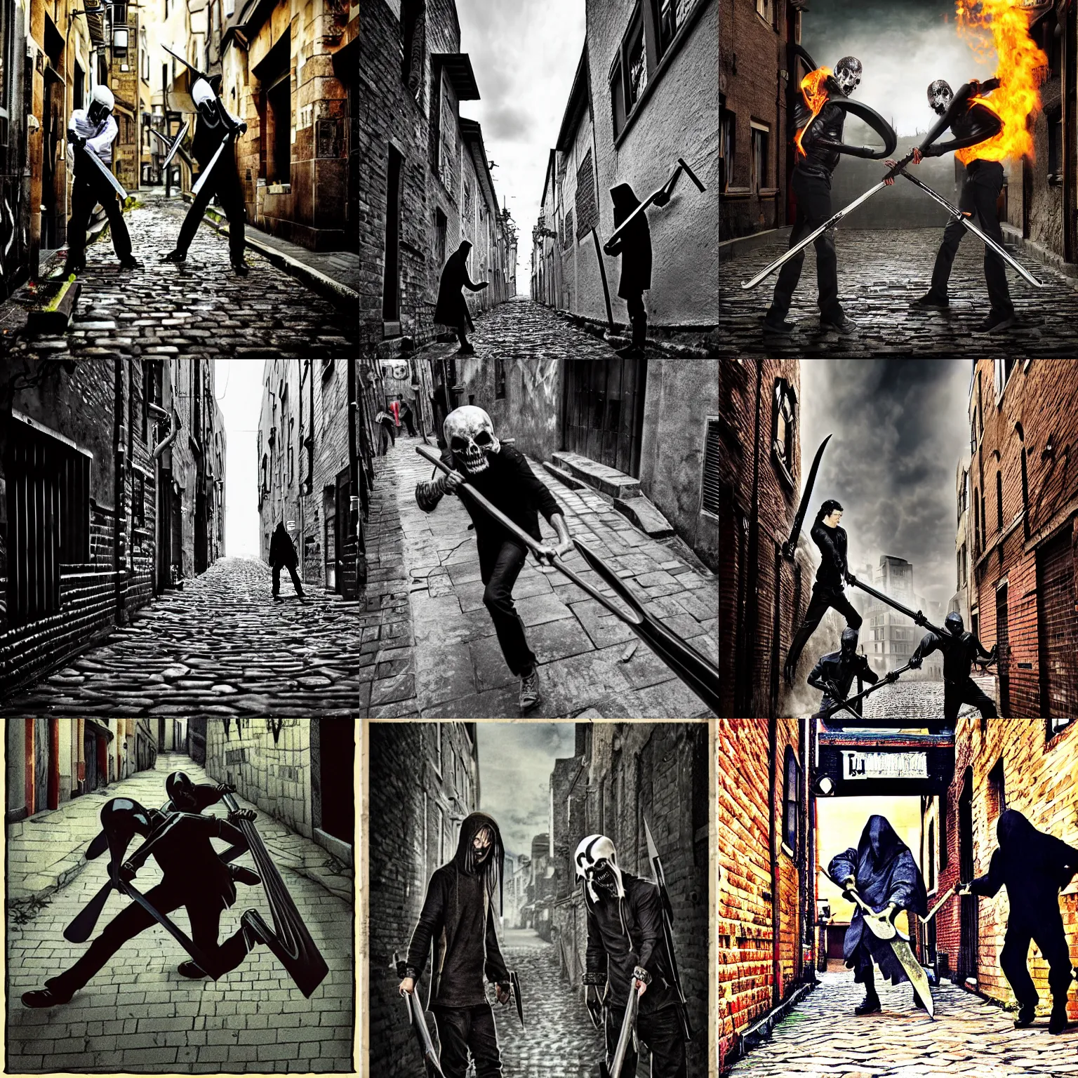 Prompt: 2 grim - reapers fighting with scythes, in a cobblestone alleyway, sydney rocks, horror movie poster