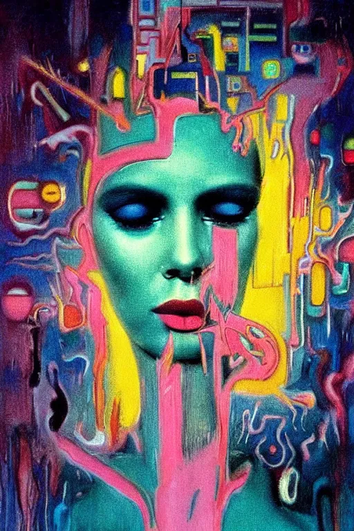 Image similar to 8 0 s art deco close up portait of miss of the world, rain like a dream oil painting curvalinear clothing cinematic dramatic cyberpunk textural fluid lines otherworldly vaporwave interesting details fantasy lut epic composition by basquiat zdzisław beksinski james jean artgerm rutkowski moebius francis bacon gustav klimt