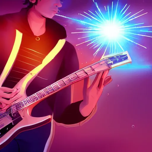 Image similar to a guitarist playing so intensely there is electricity shooting out from his guitar, energy beams under his finger tips, and magic sparkles from the freboard, amazing ditial art, trending on artstation, featured on deviantart