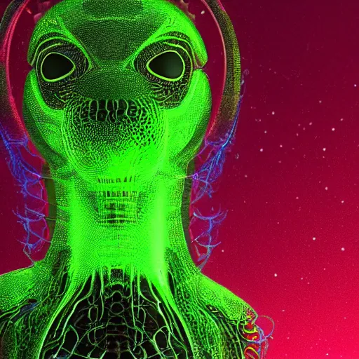 Image similar to “Holographic thermography scan of a alien with big bug eyes , the skin texture of the alien is slime with visualization of veins in 4k, the aliens mouth is human like and it has human form, worms and holes in it’s head using depth field, unreal engine, 4k concept art and hyper realism, overlay of worms on the alien head”