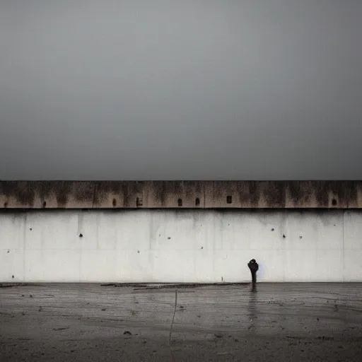 Prompt: shipwreck in front of concrete wall by Sean Yoro, dark, foggy, gloomy