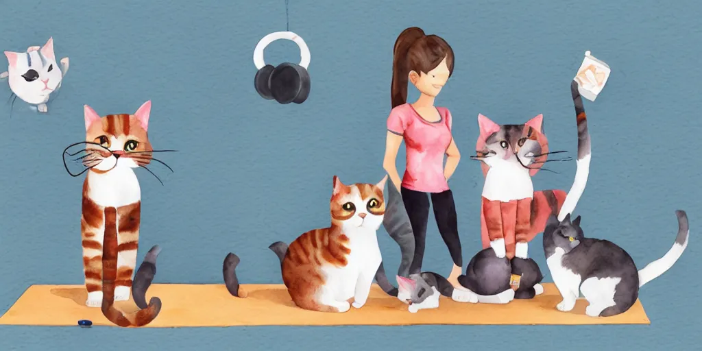 Image similar to watercolor illustration style, cute cat trainer training other cats in the fitness studio environment