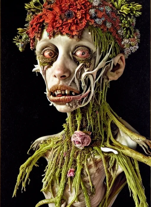 Image similar to beautiful and detailed rotten woman made of plants and many different types of flowers, muscles, intricate, organs, ornate, surreal, miguel angel, gustave courbet, caravaggio, romero ressendi, gunther von hagens