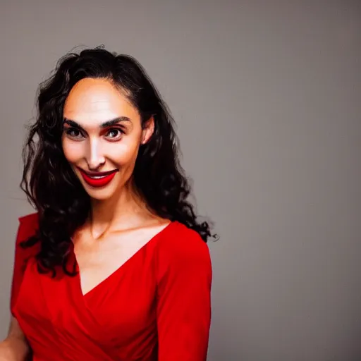 Image similar to Stunning studio photograph of Gal Godot in a red dress smiling slightly for the camera, XF IQ4, f/1.4, ISO 200, 1/160s, 8K, RAW, unedited, symmetrical balance, in-frame, sharpened