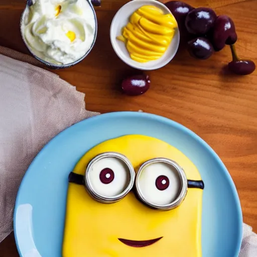 Image similar to an edible minion made out of cheez whiz, olives, and whipped cream, food photography