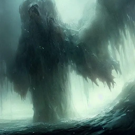 Prompt: a beautiful terrifying monster of water and mist. ethereal horror fantasy art by greg rutkowski