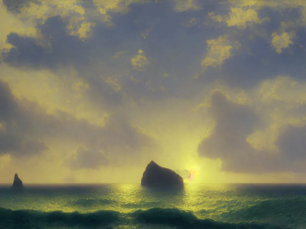 Image similar to Island at the edge of the universe, Kauai, Sunlight Study, by Albert Bierstadt and Ivan Aivazovsky, Art Nouveau, 8k