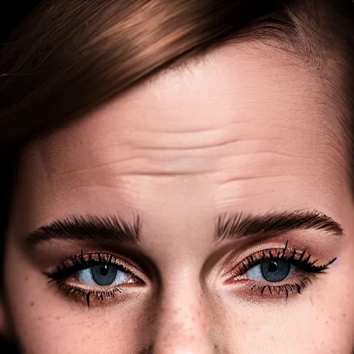 Image similar to Emma Watson, crying, tears, color, headshot, close-up, studio lighting, color photograph, 200mm, canon, f/22