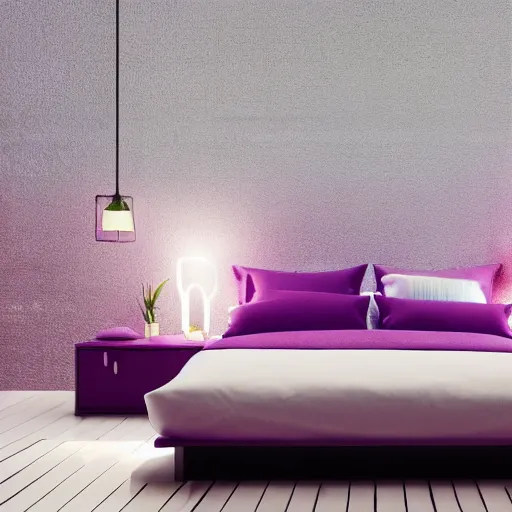 Image similar to interior of a beautiful and cozy bedroom, modern minimal design, vaporwave wallpaper texture, vivid lighting, purple color scheme, photorealist, 4 k