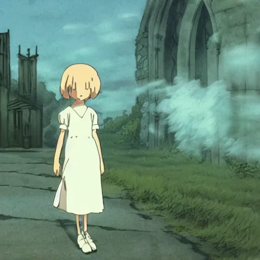 Image similar to ghost of a young girl, a burnt out church, wisps of smoke, photorealism, cel shaded, studio ghibli, hayao miyazaki