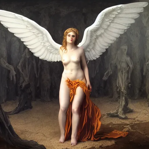 Prompt: sadie sinkas an angel standing in the front of gates of hell. angel is draped with bones. digital painting. art station. mood lighting. skindness, highly detailed, concept art, intricate, sharp focus, einar jonsson and bouguereau - h 1 2 0 0
