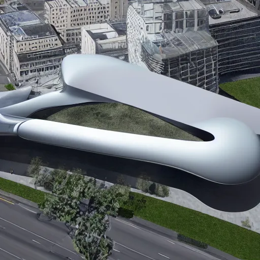 Image similar to raffaello moroder scissors building, external view, designed by zaha hadid, v ray, hd, futuristic