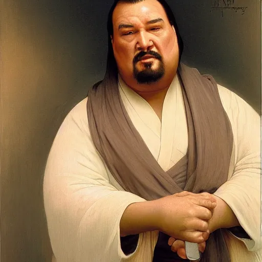 Image similar to Painting of obese Steven Seagal as Obi-Wan Kenobi. Art by william adolphe bouguereau. During golden hour. Extremely detailed. Beautiful. 4K. Award winning.