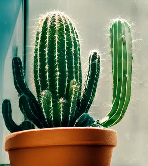 Prompt: a vintage photo of a cactus in a pot on a sunny windowsill