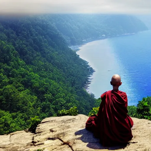 Image similar to a huge war monk sitting on a giant cliff, beautiful scenery, digital masterpiece