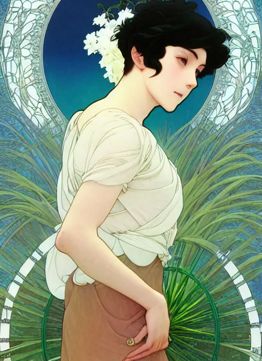 Image similar to pretty young man with short black hair, male, half body shot, path traced, highly detailed, high quality, digital painting, by studio ghibli and alphonse mucha, leesha hannigan, hidari, art nouveau, chiho aoshima, posuka demizu