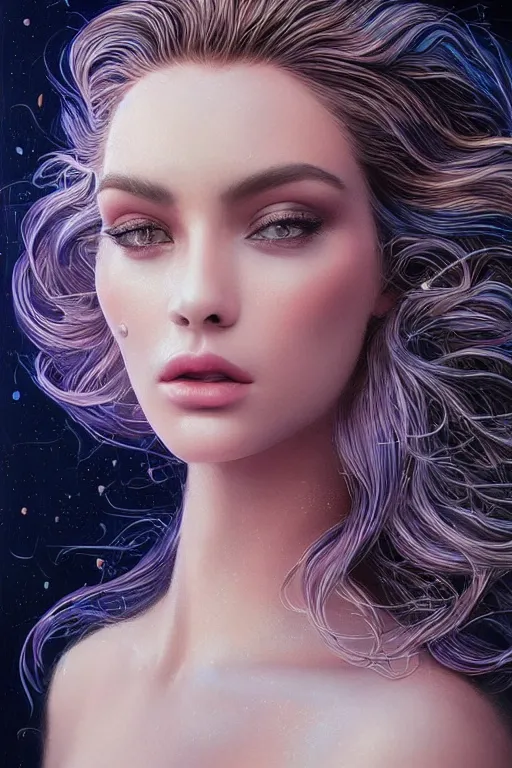 Image similar to one beautiful young woman's face, magical, windblown, intricate, synth-wave, retrowave, highly-detailed, elegant, dramatic lighting, gorgeous face, lifelike, photorealistic face, long luxurious intricate gown, digital painting, artstation, illustration, concept art, smooth, sharp focus, art by Craig Russel, Barry Smith, artgerm, and Albert Aublet and Krenz Cushart and Artem Demura and Alphonse Mucha