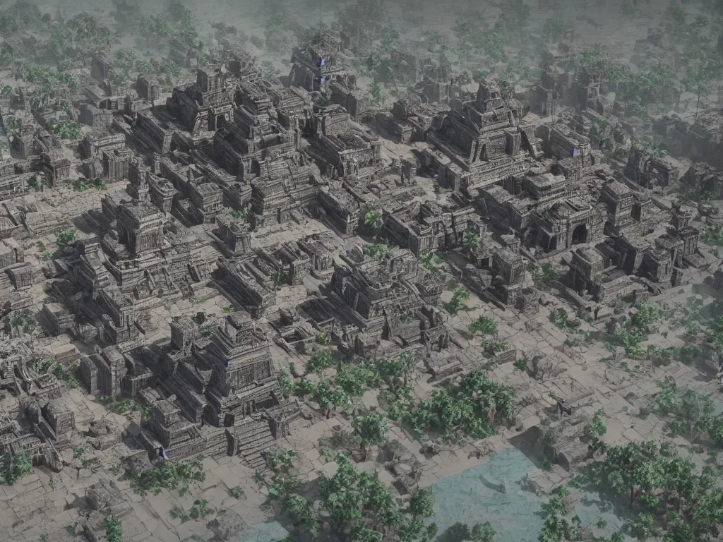 Prompt: A game concept art of city map with huge aztec temple in center near lake. Octane renderer, artstation, extremely high details