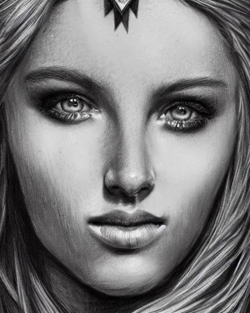 Image similar to pencil drawing of a beautiful greek goddess aphrodite with arrowhead jewelry, beautiful piercing eyes, beautiful blonde hair, hyper realistic face, in the style of greg rutkowski, fantasy, amazing detail, epic, elegant, smooth, sharp focus, from the front