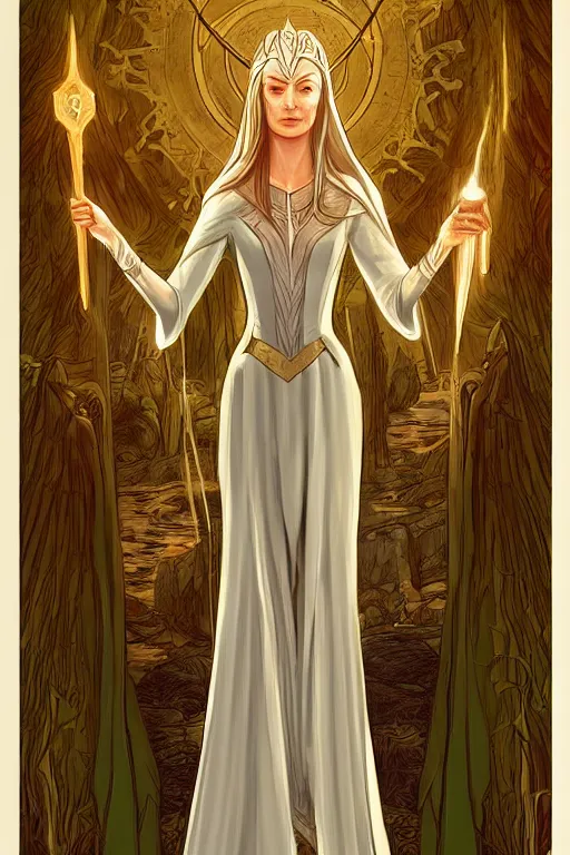 Image similar to tarot illustration of galadriel as the empress by artstation