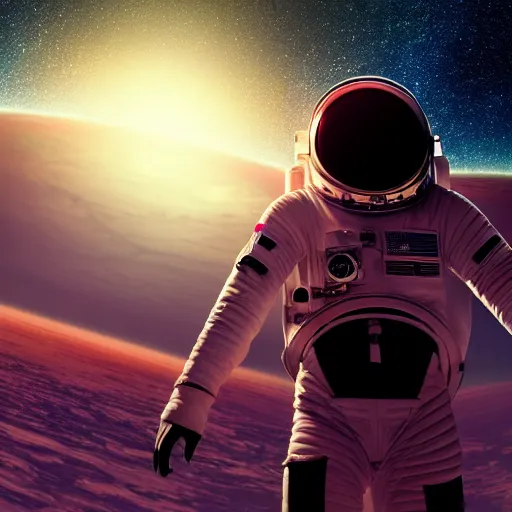 Image similar to A wide angle shot from below of a female astronaut with a feminine body walking with swagger towards camera on mars in an infinite universe , synthwave digital art