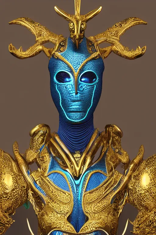 Image similar to full body portrait of a symmetric hyper realistic elegant alien, blue metallic skin, jewelry intricate details, unreal engine5, octane, with gold filigree mask and body armor