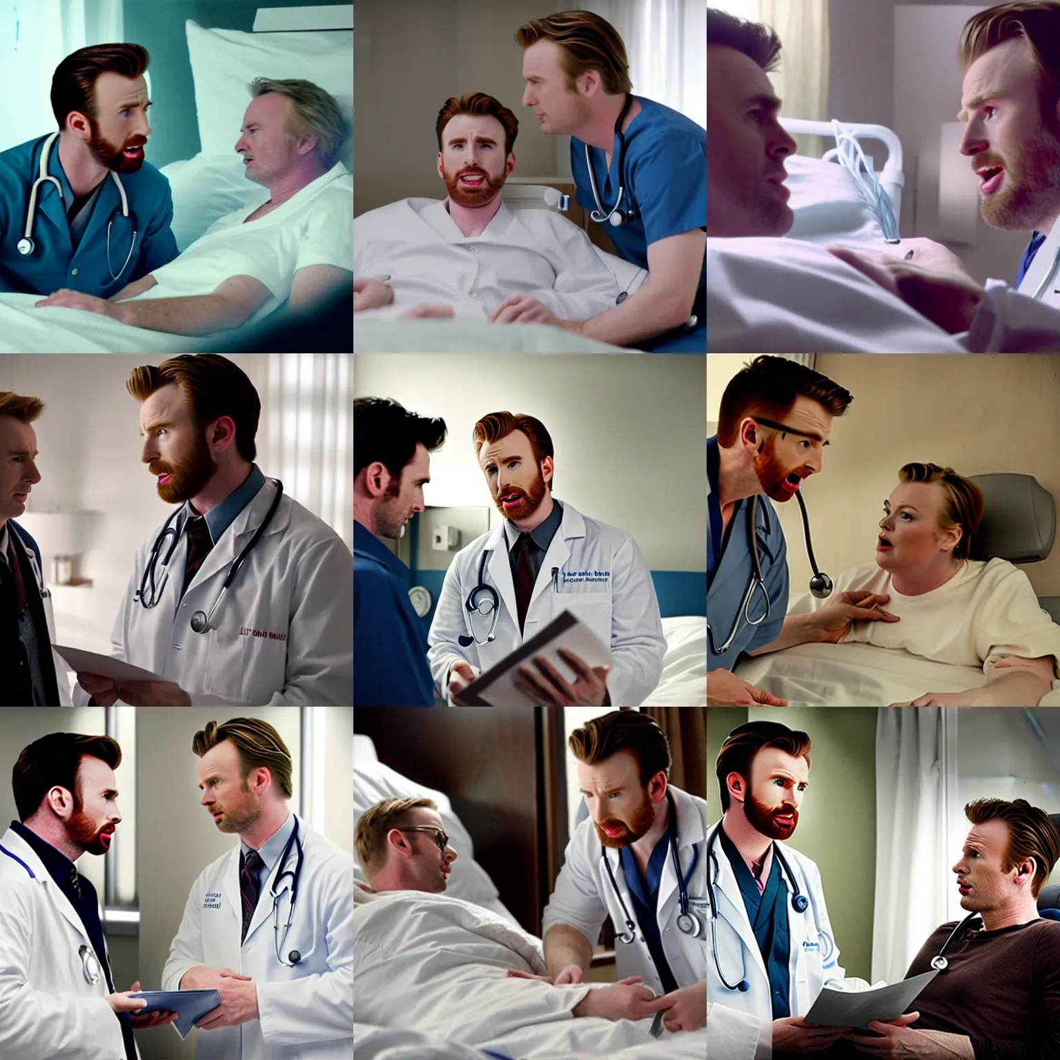 Prompt: a movie scene featuring Chris Evans as a doctor talking with a sick patient in bed who is Chris Evans, a nurse who is Chris Evans stands nearby with a chart, directed by Christopher Nolan