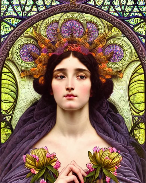 Image similar to hyperrealistic detailed portrait of a beautiful young goddess with an intricate headgear morphing into a gothic cathedral, authentic ornamental architecture, flowers, art by ernst haeckel, john william godward, android jones, alphonso mucha, h. r. giger, gothic, neo - gothic, ornamental, beautiful deep colours,