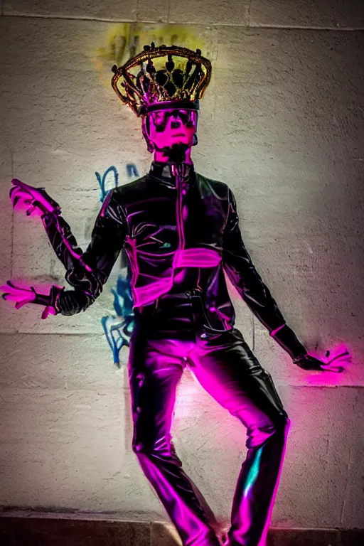 Prompt: full-body rococo and cyberpunk style neon statue of a young attractive ((Brazilian macho dotado)) e rico android (sim roupa) reclining (con pernas aberta e piroca dura) leite, glowing magenta laser eyes, prince crown of black gears, onyx, swirling gold-colored silk fabric. futuristic elements. full-length view. space robots. human skulls. intricate artwork by caravaggio. Trending on artstation, octane render, cinematic lighting from the right, hyper realism, octane render, 8k, depth of field, 3D