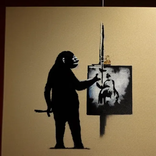 Image similar to ape painting a picture made by banksy