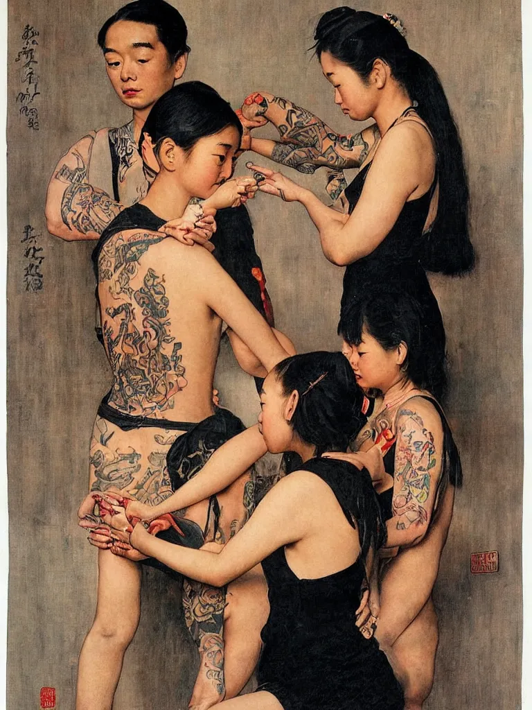 Image similar to a Portrait of a beautiful Asian girl getting a tattoo of a dragon on her back by Norman Rockwell