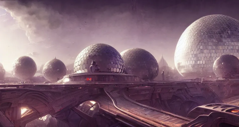 Image similar to cinematic shot, futuristic city on the moon, geodesic domes, digital painting, artstation, concept art, soft light, hdri, smooth, sharp focus, illustration, intricate, elegant, highly detailed, in the style of greg rutkowski and alphonse mucha and artemisia, 8 k, highly detailed, jurgens, rutkowski