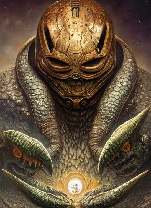 Image similar to spaceship mf doom reptile eyes, cosmic horror, intricate, elegant, highly detailed, centered, digital painting, artstation, concept art, smooth, sharp focus, illustration, artgerm, tomasz alen kopera, peter mohrbacher, donato giancola, joseph christian leyendecker, wlop, frank frazetta