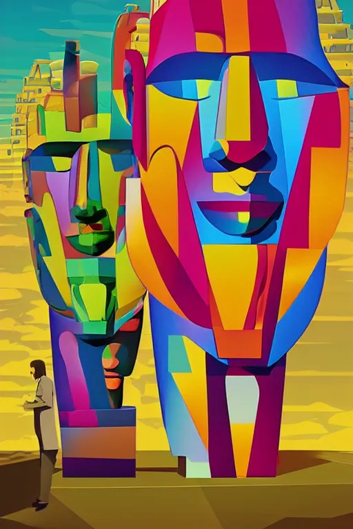 Image similar to cubist moai statue cutout digital illustration cartoon colorful beeple